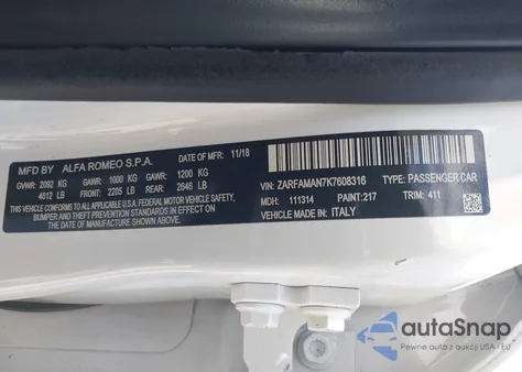 2019 Alfa Romeo Giulia Sport Rwd z USA, uszkodzony, nr VIN ZARFAMAN7K7608316